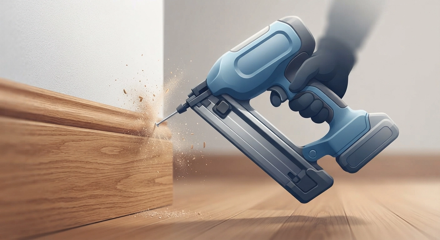 A 15-gauge finish nailer firing a nail into a thick piece of oak baseboard, dust hovering in the air.