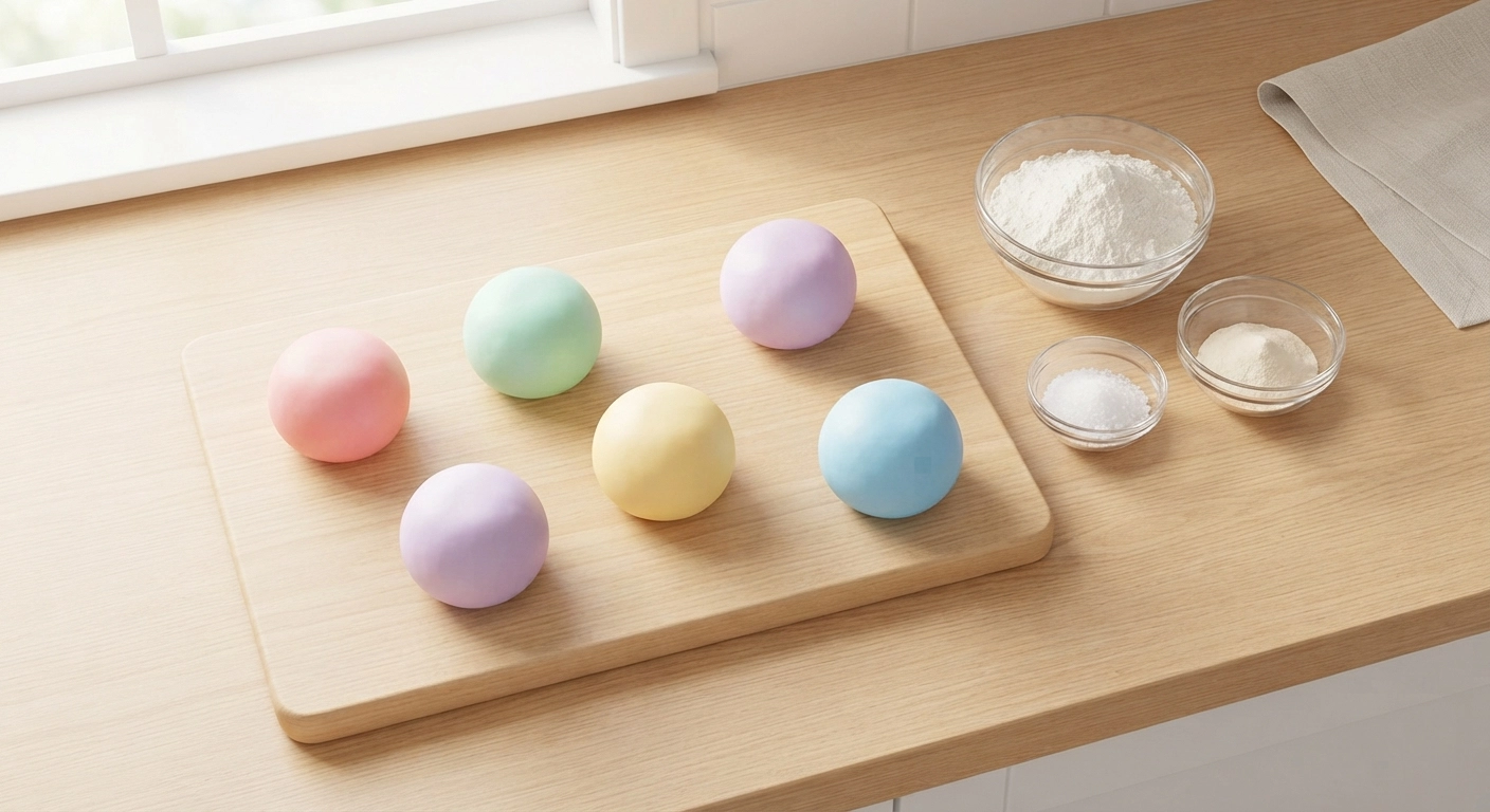 A beautiful, brightly lit overhead shot of a kitchen counter. Several smooth, perfectly round balls of homemade playdough in pastel colors (pink, mint green, soft yellow, lavender) are arranged neatly on a wooden cutting board. Next to them are small glass bowls containing raw ingredients: white flour, salt, and cream of tartar. The style is bright, airy, and inviting.