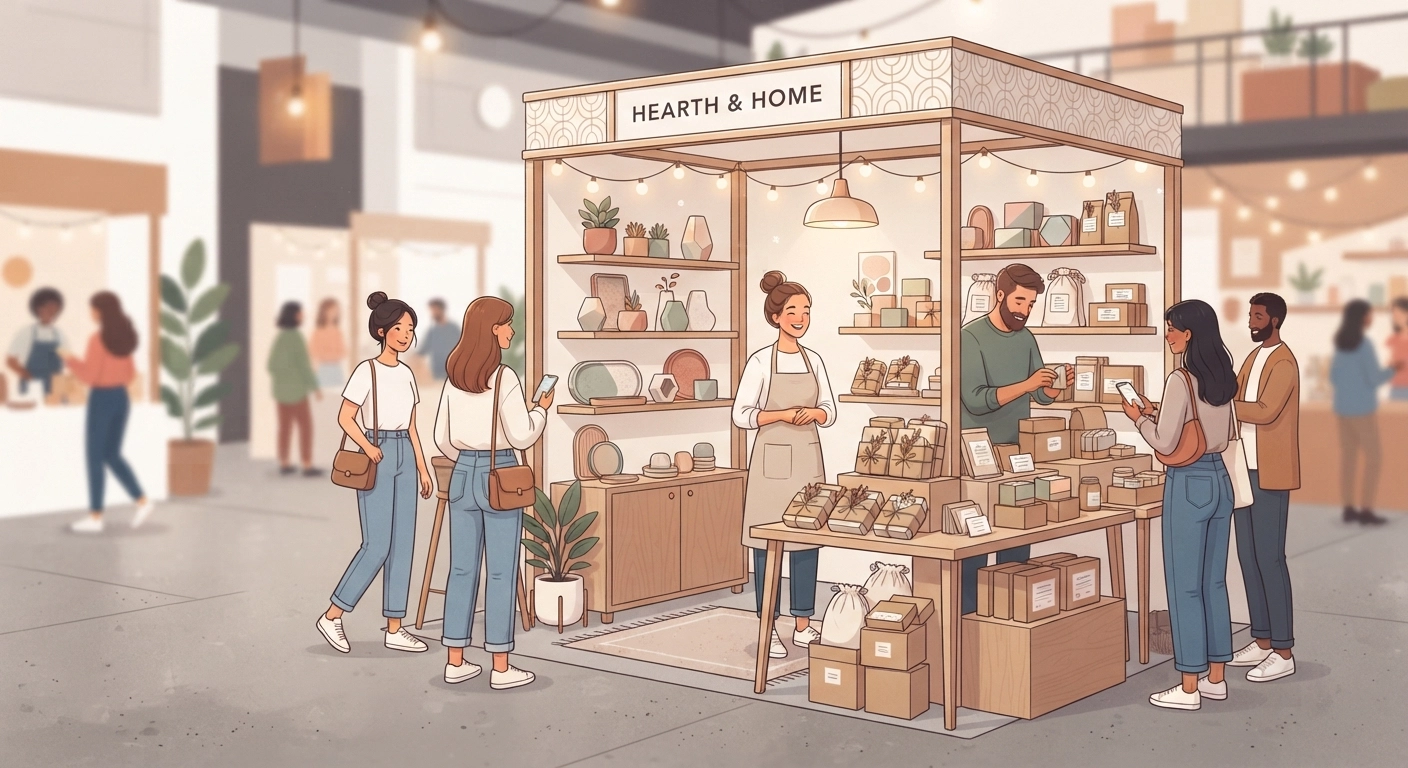 A beautifully arranged artisan craft fair booth displaying minimalist jesmonite home decor, handmade soaps, and eco-friendly packaging, attracting customers.