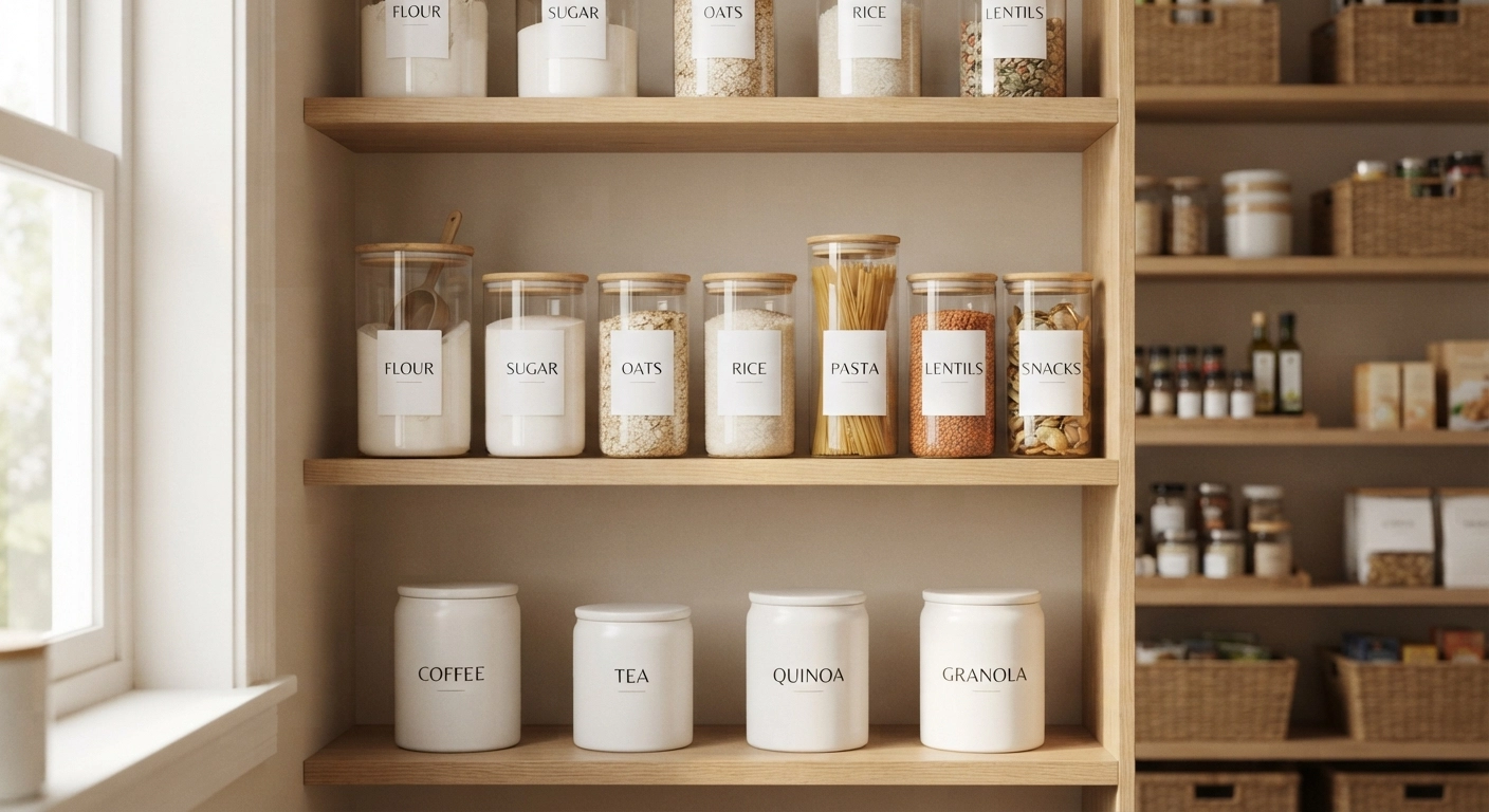 A beautifully organized pantry with matching custom Cricut-made vinyl labels on clear glass and white ceramic containers. Labels feature elegant modern typography. Warm natural lighting from a nearby window, soft shadows, tidy shelves with dry goods like flour, sugar, pasta, and snacks visible. Canon EOS R5 photography, 35mm lens, shallow depth of field focusing on the labels, cozy home aesthetic