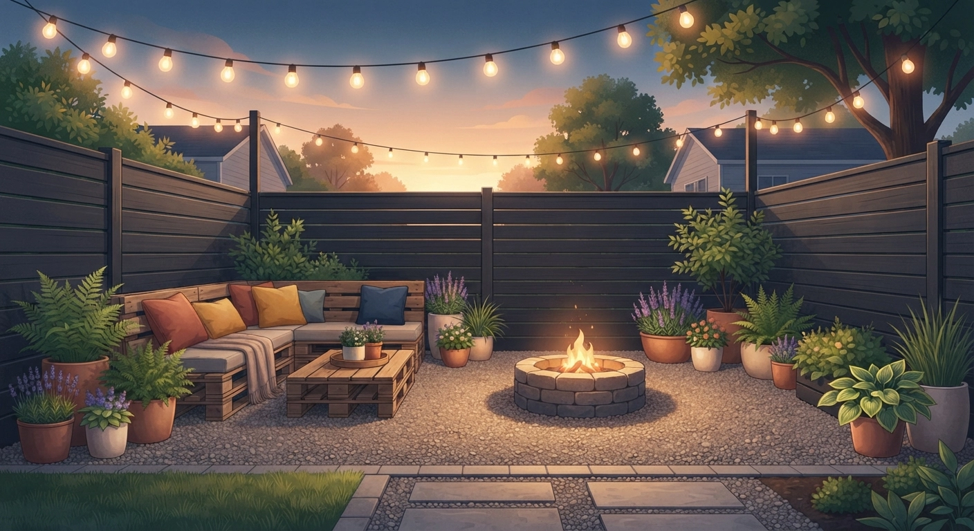 A beautifully transformed budget-friendly backyard featuring a freshly stained dark charcoal fence, string lights overhead, a gravel seating area with pallet furniture and colorful cushions, container plants arranged in groups, and a DIY stone fire pit at the center during golden hour evening light