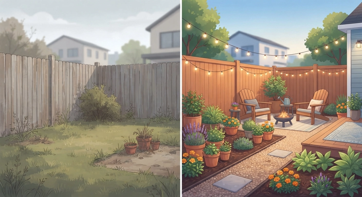 A before-and-after split image of a backyard makeover on a budget: the left side shows a dull, neglected yard with faded fence and patchy grass; the right side shows the same yard with fresh mulch, defined gravel pathways, colorful container gardens, and string lights creating a warm, inviting outdoor living space