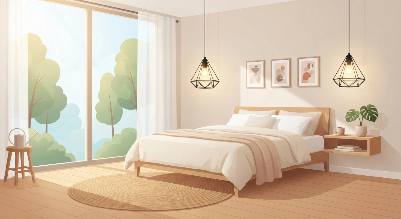 A bright, minimalist bedroom showcasing an easy diy room decor aesthetic, featuring a geometric wire lampshade hanging from the ceiling, warm neutral colors, and natural light streaming in through a large window.