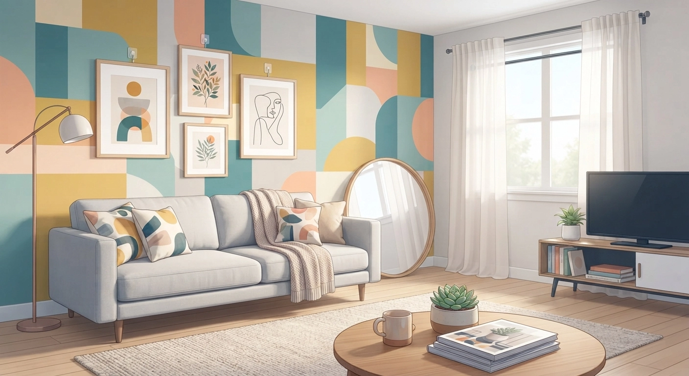 A bright, modern apartment living room featuring renter friendly decor hacks including a colorful peel-and-stick accent wall, command-hook-mounted framed art, a tension rod with sheer curtains, and a large leaning floor mirror, all without any visible wall damage or hardware