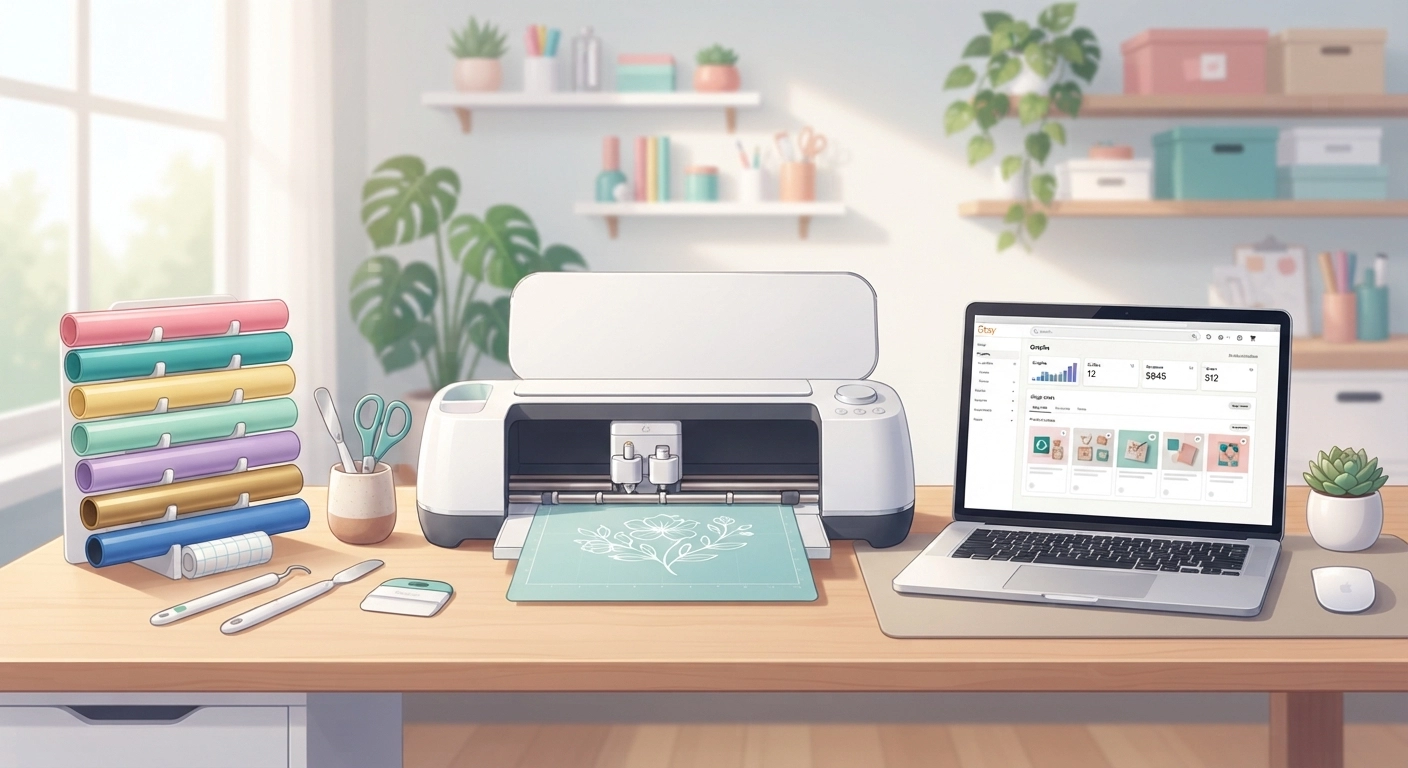 A bright, organized craft table with a Cricut machine, colorful adhesive vinyl rolls, weeding tools, transfer tape, and a laptop displaying an Etsy shop dashboard.