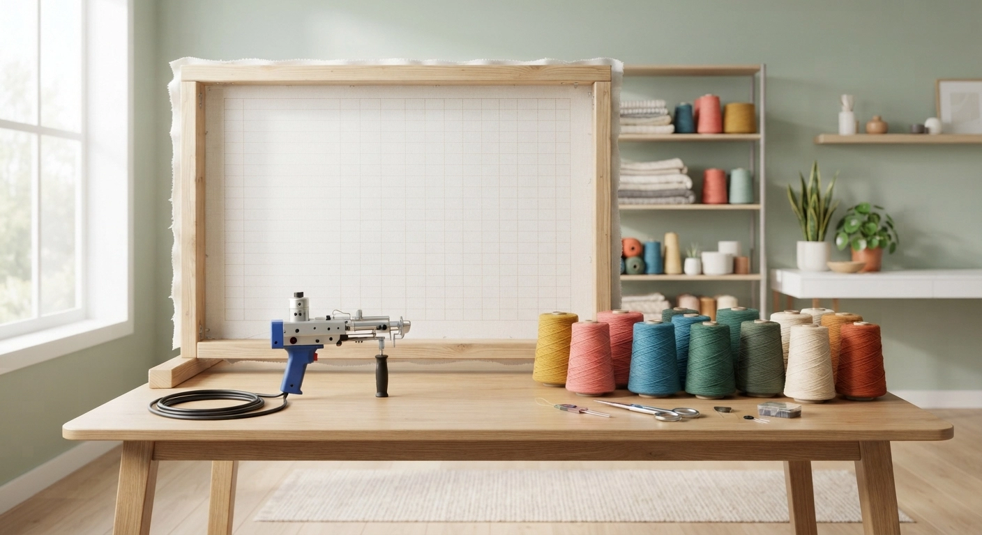 A brightly lit, aesthetic craft room setup showing a large wooden tufting frame with white primary tufting cloth stretched tightly over it. A blue cut-pile tufting gun rests on a table nearby, surrounded by colorful cones of acrylic yarn. High resolution, photorealistic, cinematic lighting.