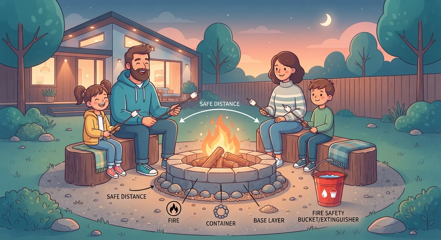 A cartoon-style illustration of a family roasting marshmallows around a homemade fire pit, showing safety distance and a fire safety bucket, playful colors, clear labels for the elements of the fire pit