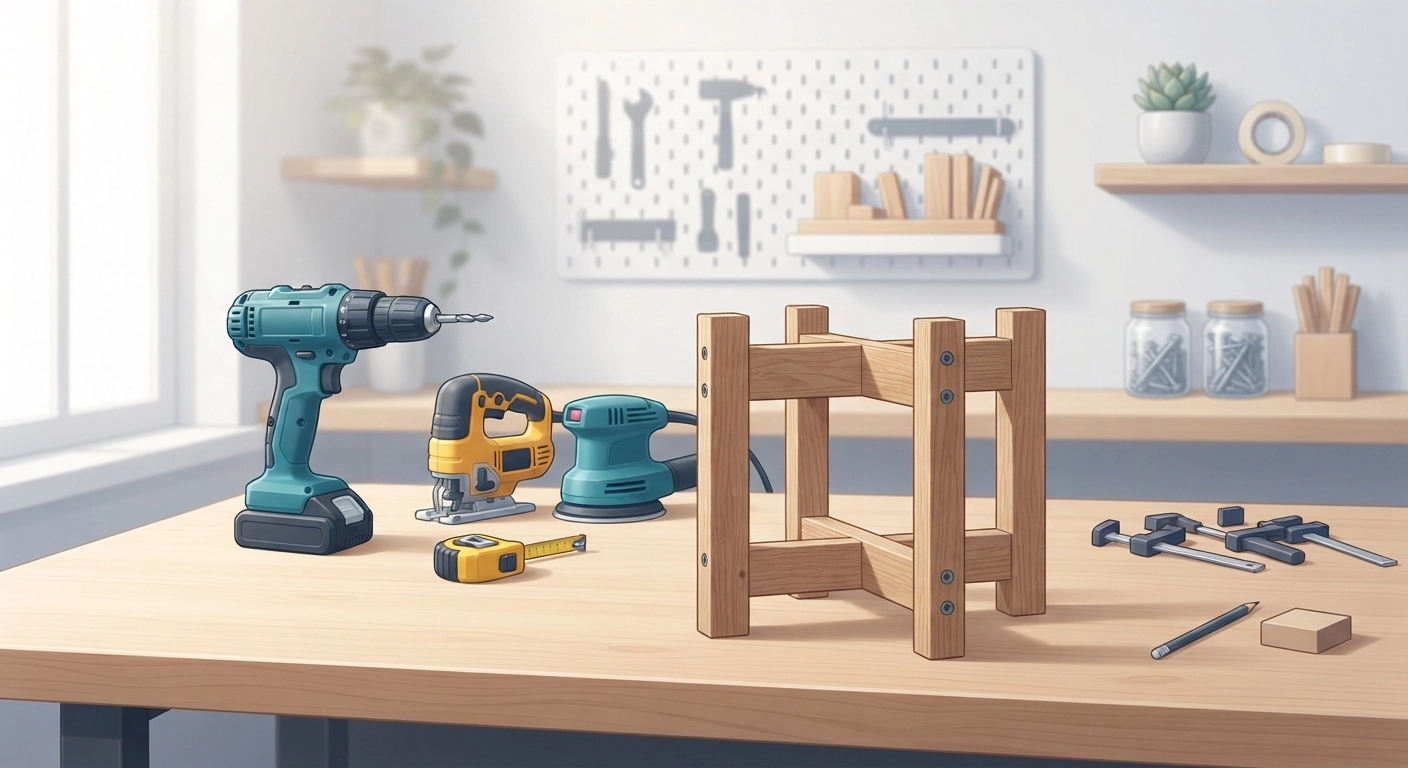 A clean, bright workshop setup showing essential beginner woodworking tools neatly arranged on a wooden workbench: a cordless drill, jigsaw, orbit sander, measuring tape, and clamps, with a half-finished wooden plant stand in the foreground.