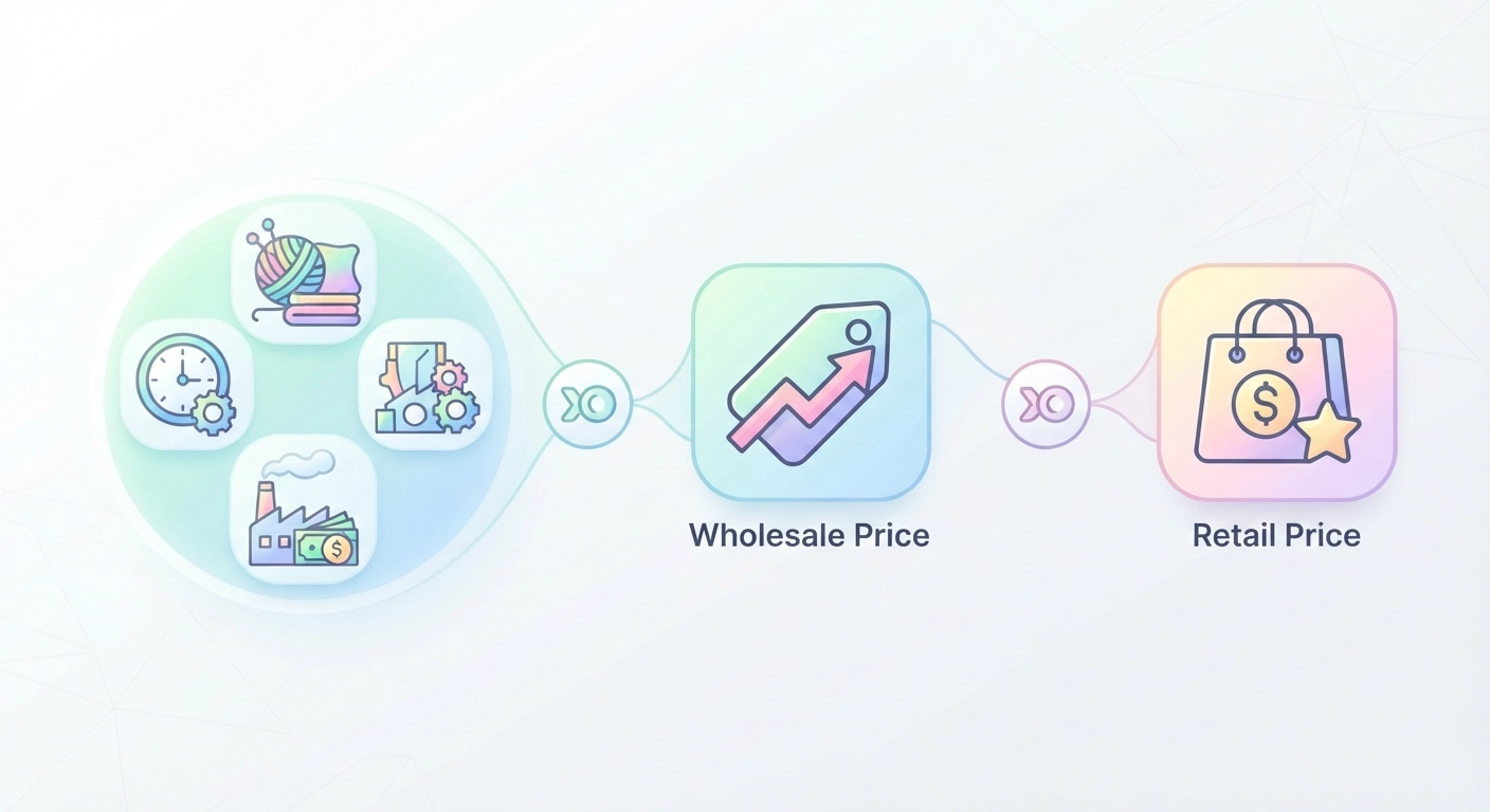 A clean, modern infographic showing a mathematical formula. The formula reads: "(Materials + Labor + Overhead) x 2 = Wholesale Price. Wholesale Price x 2 = Retail Price". The text should be bold and easy to read, with cute icons representing materials (yarn/fabric), labor (a clock), and profit (a money bag). Pastel color palette.