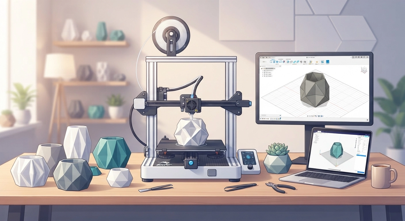 A clean workspace featuring a 3D printer actively creating a modern, geometric planter, surrounded by various completed printed prototypes and digital design files on a monitor.