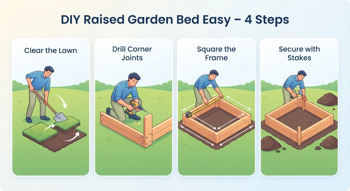 A clear, step‑by‑step infographic with four panels showing (1) clearing grass, (2) drilling corner joints on a flat lawn with a cordless drill, (3) using a tape measure to square the frame, and (4) adding wooden stakes inside the corners. Bright, instructional vector style, friendly color palette, titled “DIY Raised Garden Bed Easy – 4 Steps”.