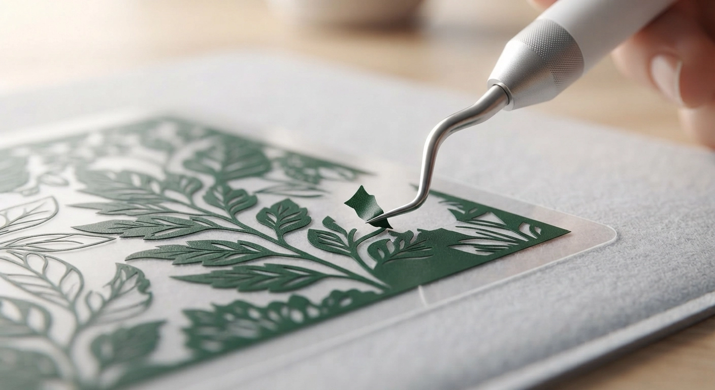 A close-up, macro-style shot of a Cricut weeding tool precisely lifting a tiny, unwanted piece of dark green iron-on vinyl from a sticky carrier sheet to reveal an intricate leaf pattern underneath. The lighting is focused on the tip of the tool to show the sharp detail.