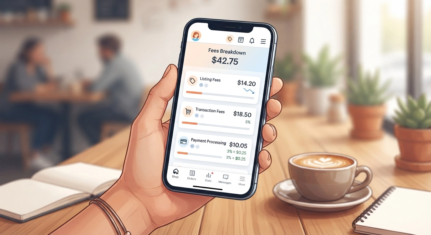 A close-up of a smartphone screen showing the Etsy Seller app dashboard. The screen displays a breakdown of fees including listing fee, transaction fee, and payment processing fee. The background is slightly blurred, showing a cozy coffee shop setting.