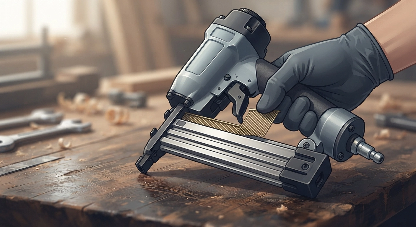 A close-up of an 18-gauge brad nailer with a strip of tiny brad nails being loaded into the magazine, oily wood shop table in the background.