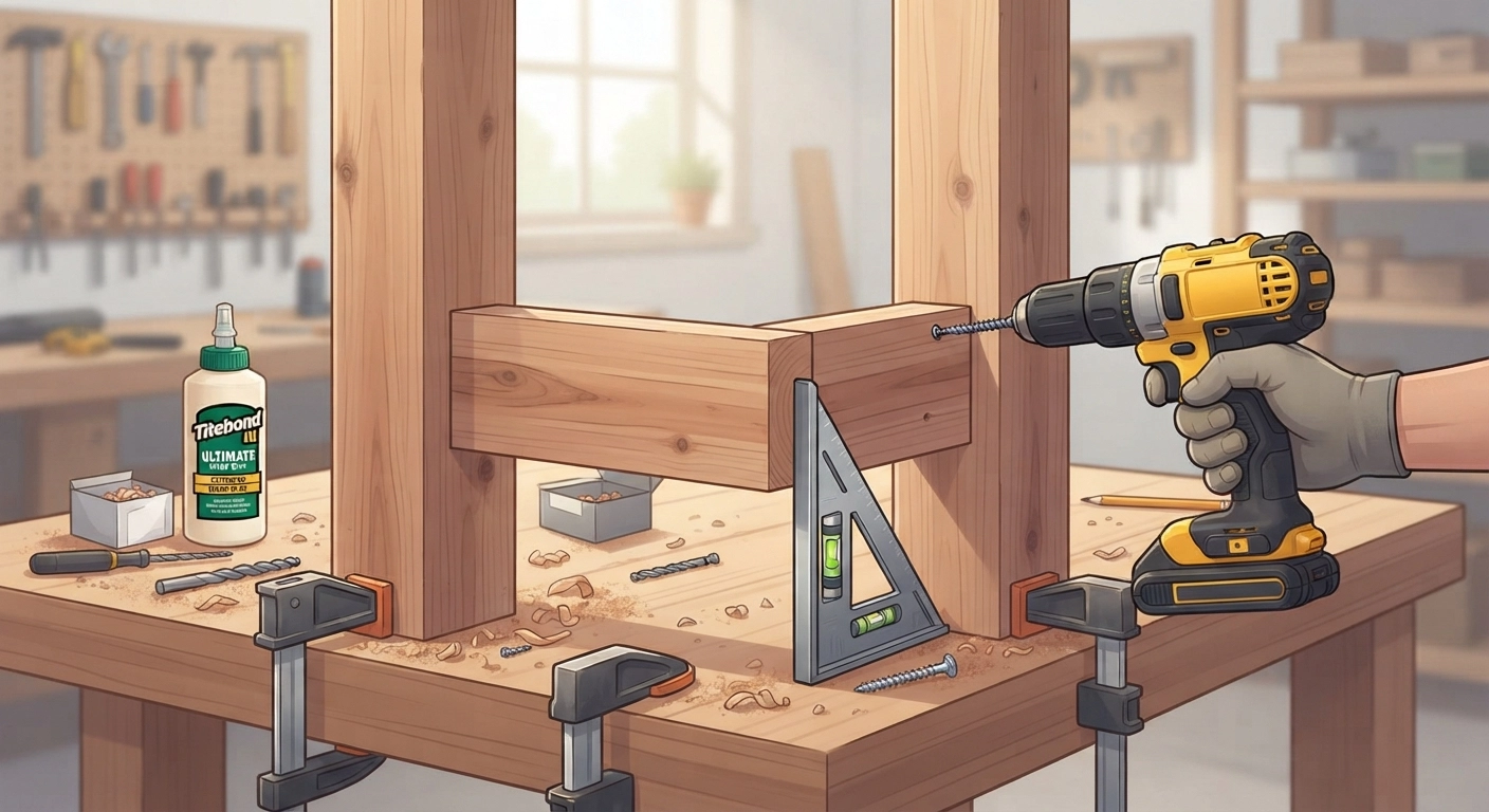 A close-up photograph of the leg assembly process for a DIY outdoor dining table. Two 4x4 cedar posts are clamped to a workbench with half-lap joints being fitted for 2x4 stretchers. A bottle of Titebond III exterior glue is visible, along with a drill driving a ceramic-coated deck screw into the joint. The framing square is pressed against the corner showing perfect 90-degree alignment. Sawdust on the bench, natural workshop lighting, the image conveys the "checking for square" step vividly.