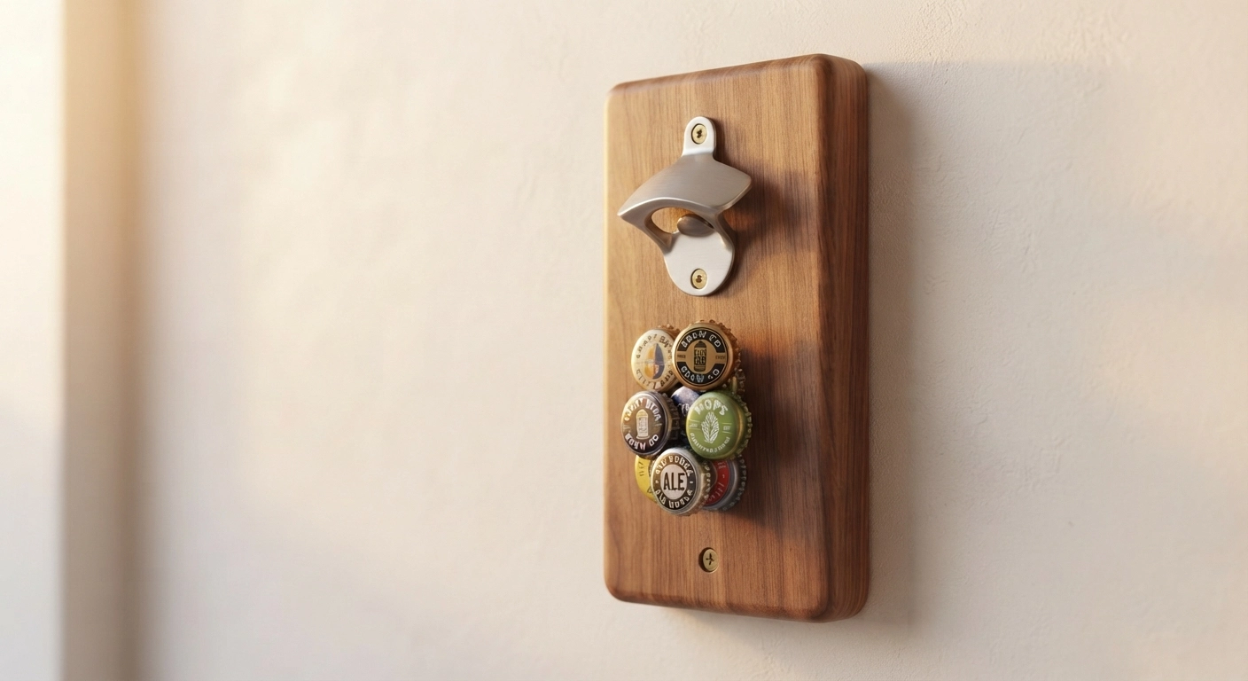 A close-up product photo of a handmade wooden magnetic bottle opener catcher mounted on a wall, showing bottle caps caught by the hidden magnet, with warm golden hour lighting highlighting the wood grain.