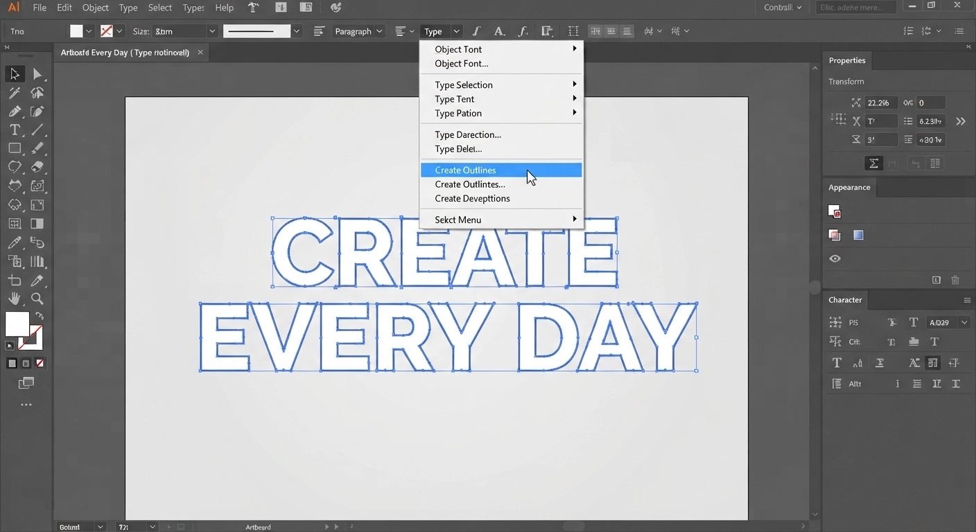 A close-up screenshot of Adobe Illustrator interface. The cursor is hovering over the 'Create Outlines' option in a drop-down menu. The design on the artboard is a typography-based quote saying 'Create Every Day'. The text is highlighted, showing the transformation from a standard font to vector paths with tiny blue anchor points.