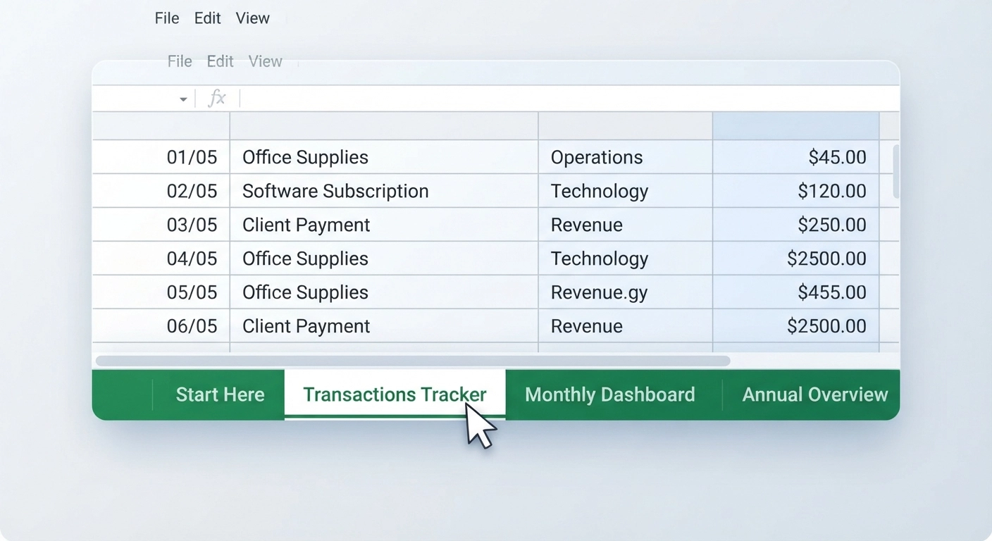 A close-up screenshot of a Google Sheets interface. The bottom tab bar shows clearly labeled tabs: 'Start Here', 'Transactions Tracker', 'Monthly Dashboard', and 'Annual Overview'. The mouse cursor is hovering over the 'Transactions Tracker' tab. Clean, crisp, high-resolution software screenshot.