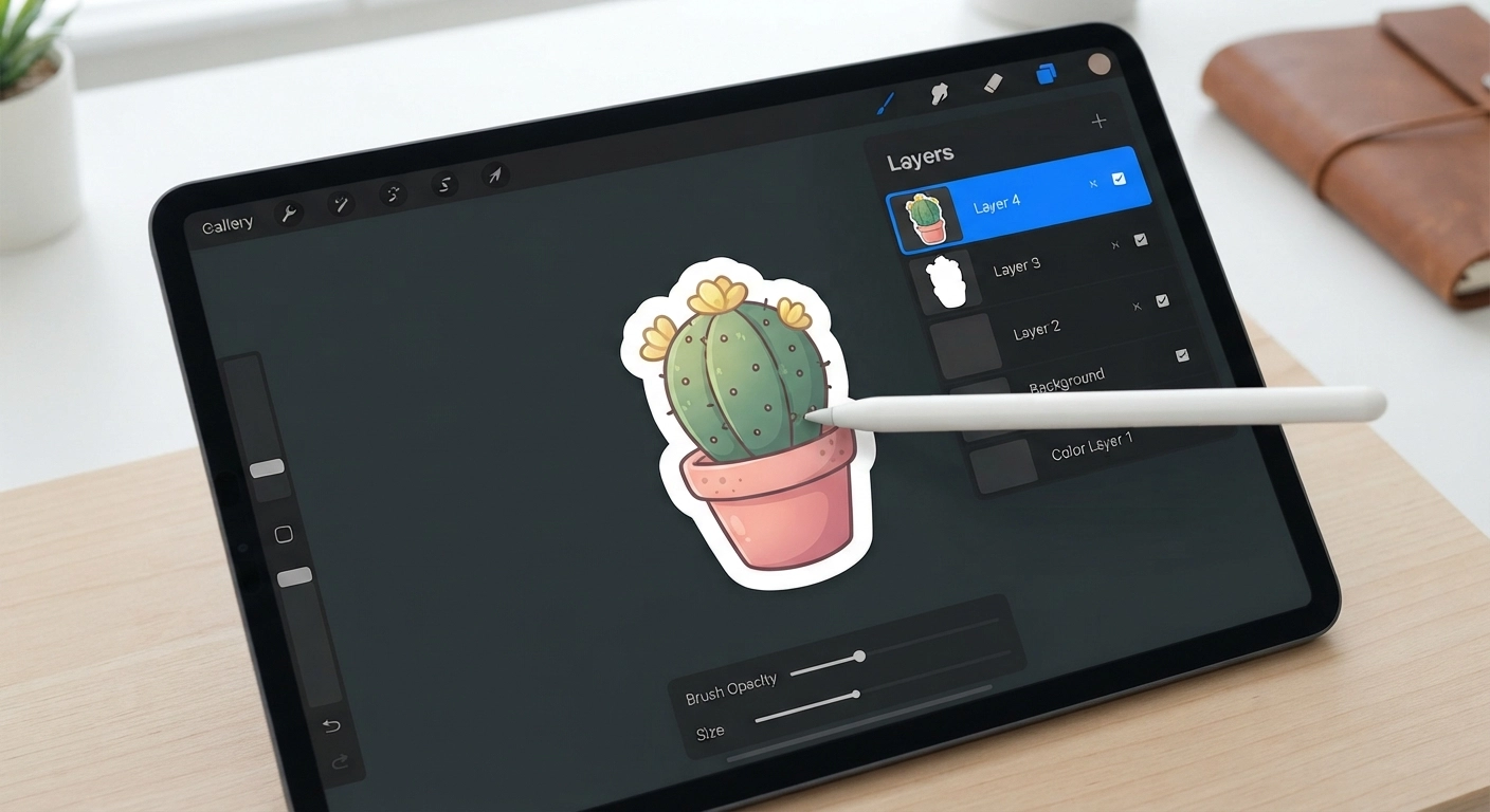 A close-up screenshot of the Procreate app interface on an iPad. The user is drawing a digital sticker of a cute potted cactus. The layers panel is open on the right side, showing a duplicated layer where the bottom layer is filled with solid white to create a die-cut sticker border effect. The background canvas is dark grey to make the white border pop.