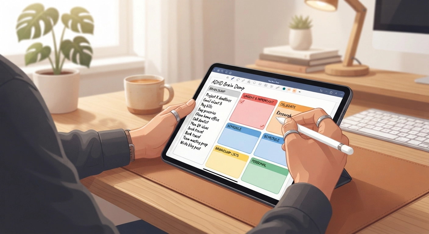 A close-up shot of a person's hands holding an Apple Pencil, writing on an iPad screen. The iPad displays a digital planner specifically designed for 'ADHD Brain Dump' with colorful, categorized boxes. The background is a cozy, softly lit home office setting.