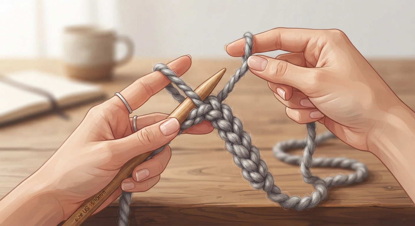 A close-up shot of hands demonstrating the 'casting on' process with chunky grey yarn on a wooden table. The hands are pulling a new loop through an existing loop to form a braided chain. Focus on the texture of the yarn and the exact hand movement.