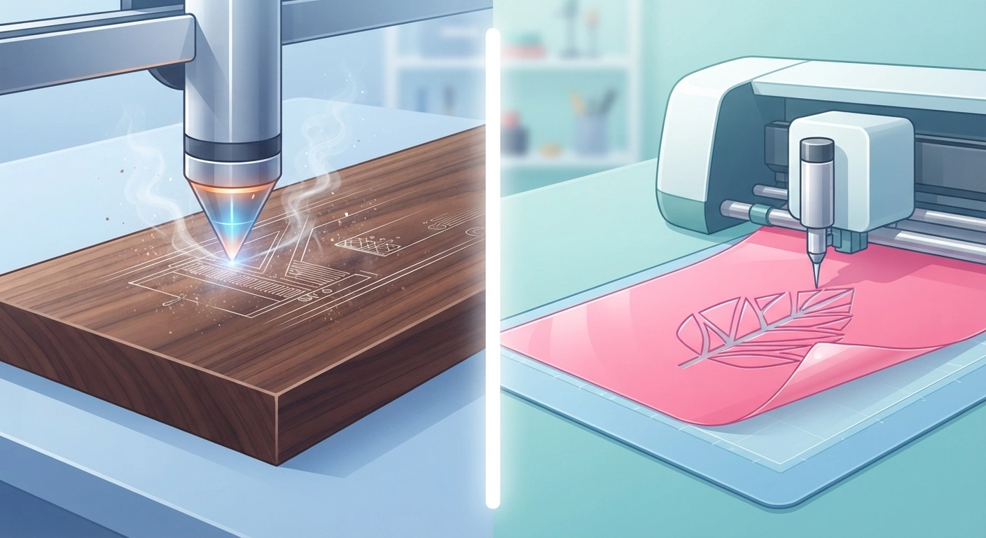 A close-up shot showing a laser cutter engraving a thick piece of walnut wood on the left, and a blade cutting machine slicing through bright pink heat transfer vinyl on the right, illustrating the glowforge vs cricut material differences.