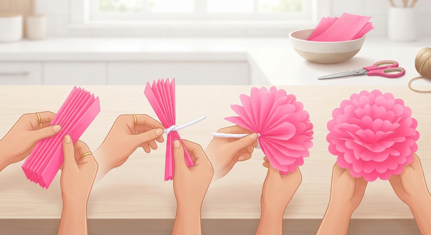 A close-up, step-by-step visual of hands folding neon pink tissue paper accordion-style, then fluffing the layers into a full pom-pom flower. Bright, clean kitchen tabletop, natural daylight, with scissors and a pipe cleaner visible.