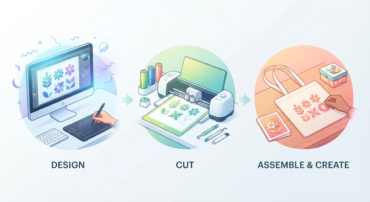 A colorful infographic-style image showing the step-by-step process from designing on a computer to cutting with a Cricut, to the final product.