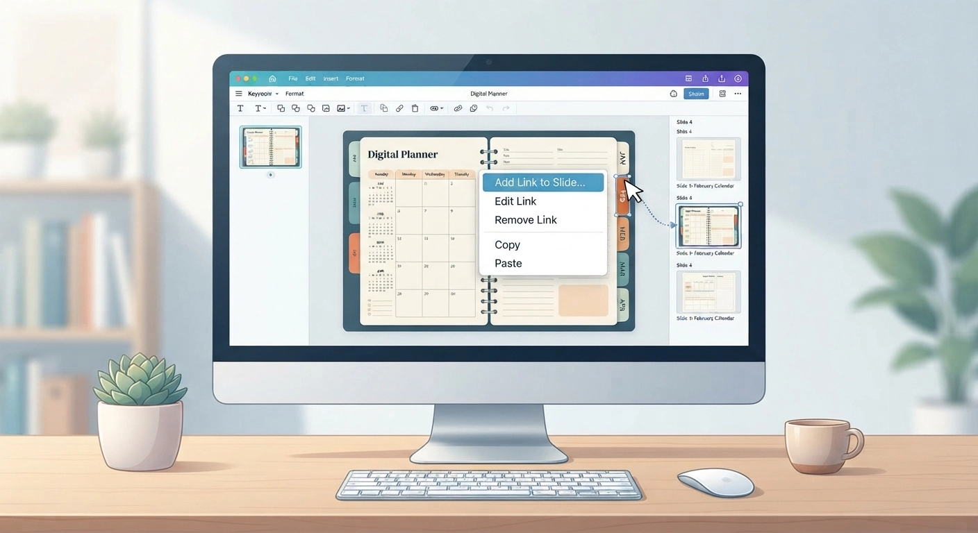 A computer monitor displaying a digital design software interface like Apple Keynote or Canva. The screen shows a digital planner design in progress, with a pop-up menu visible that says 'Add Link to Slide'. The focus is on the technical process of hyperlinking tabs in a digital planner.