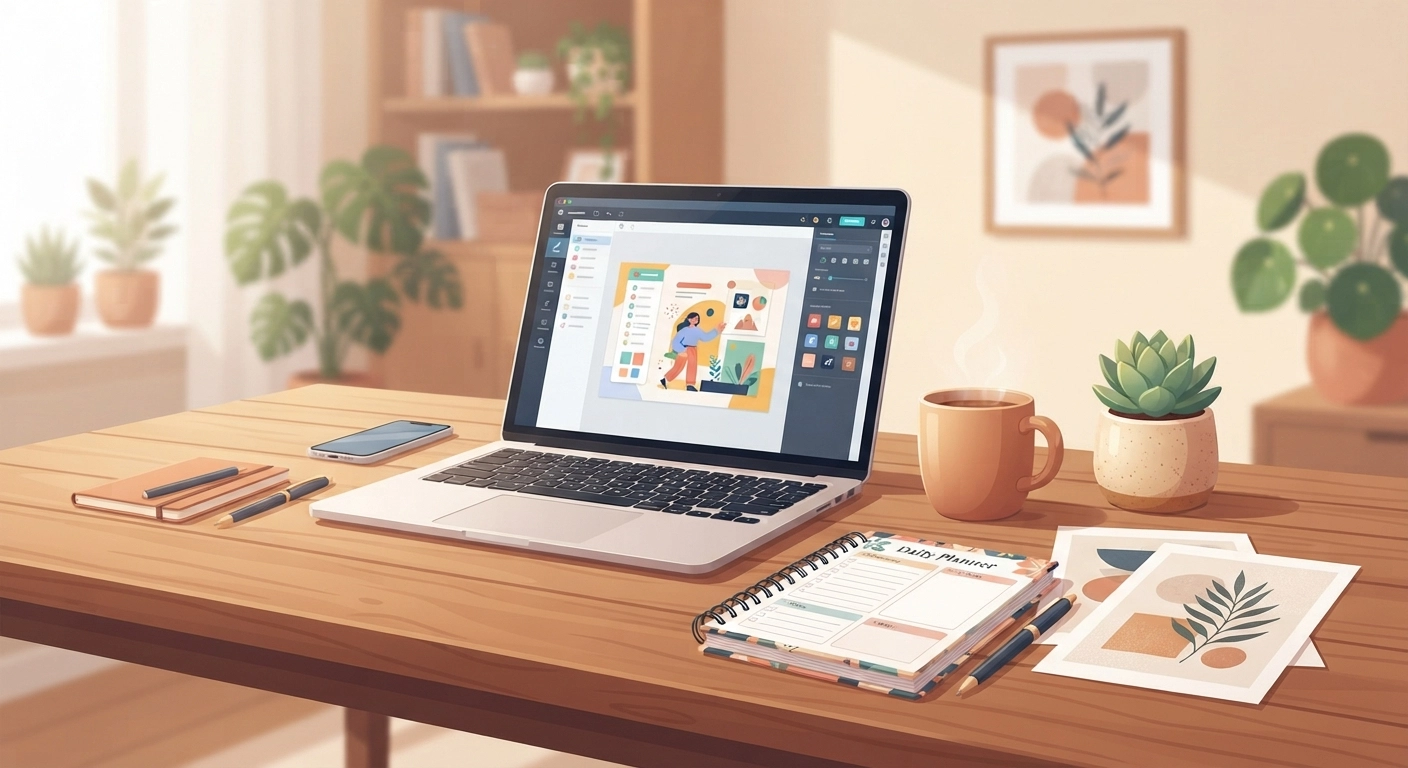 A cozy, aesthetic desk setup featuring a modern laptop open to the Canva editor. Next to the laptop, there is a steaming cup of coffee, a small potted succulent, and several beautifully printed physical planners and wall art designs scattered on the wooden desk. Warm, inviting, entrepreneurial vibe.