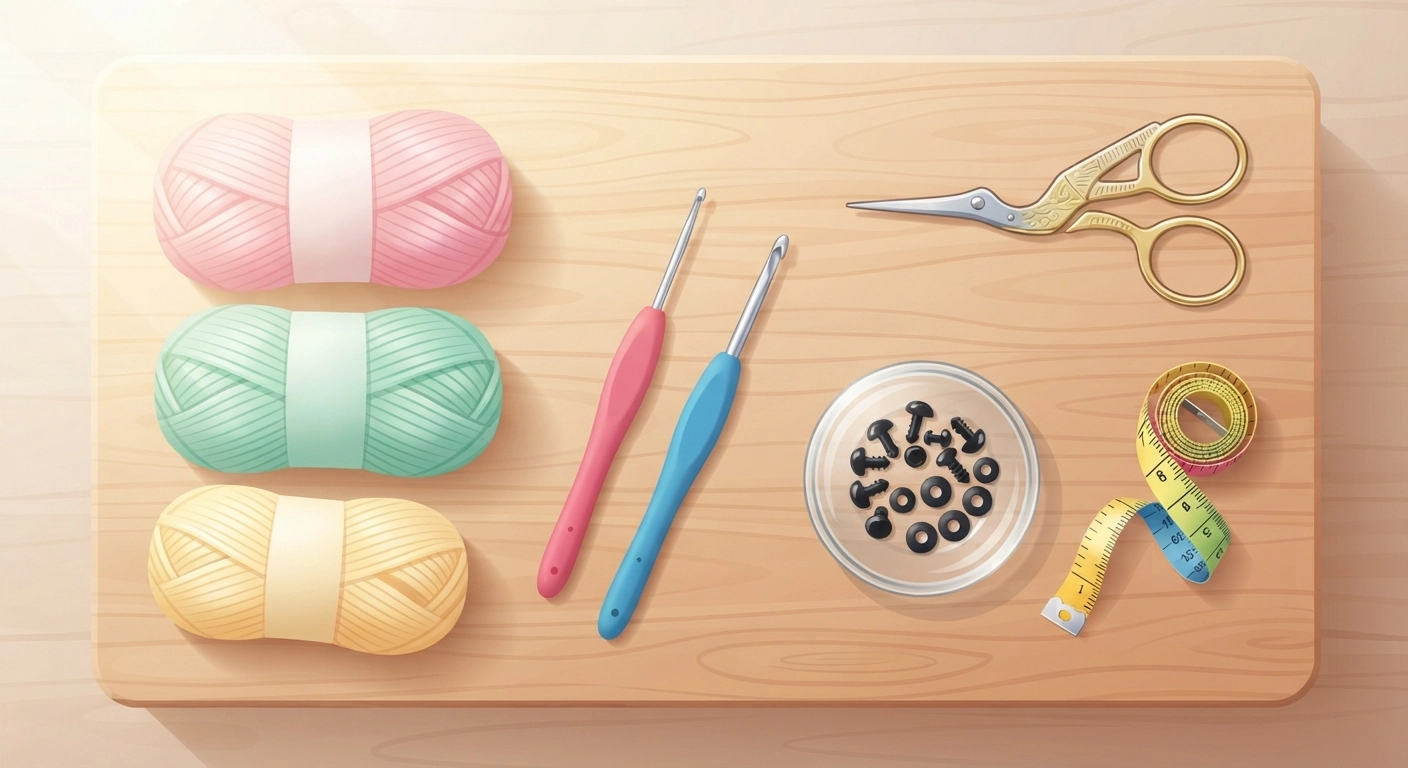 A cozy, aesthetic flat lay of beginner amigurumi supplies on a wooden table. The scene includes colorful cotton yarn skeins (pastel pink, mint green, and yellow), ergonomic crochet hooks with rubber grips, safety eyes in a small clear dish, a colorful measuring tape, and a pair of vintage stork scissors. Bright, natural lighting, high resolution, crafting aesthetic.