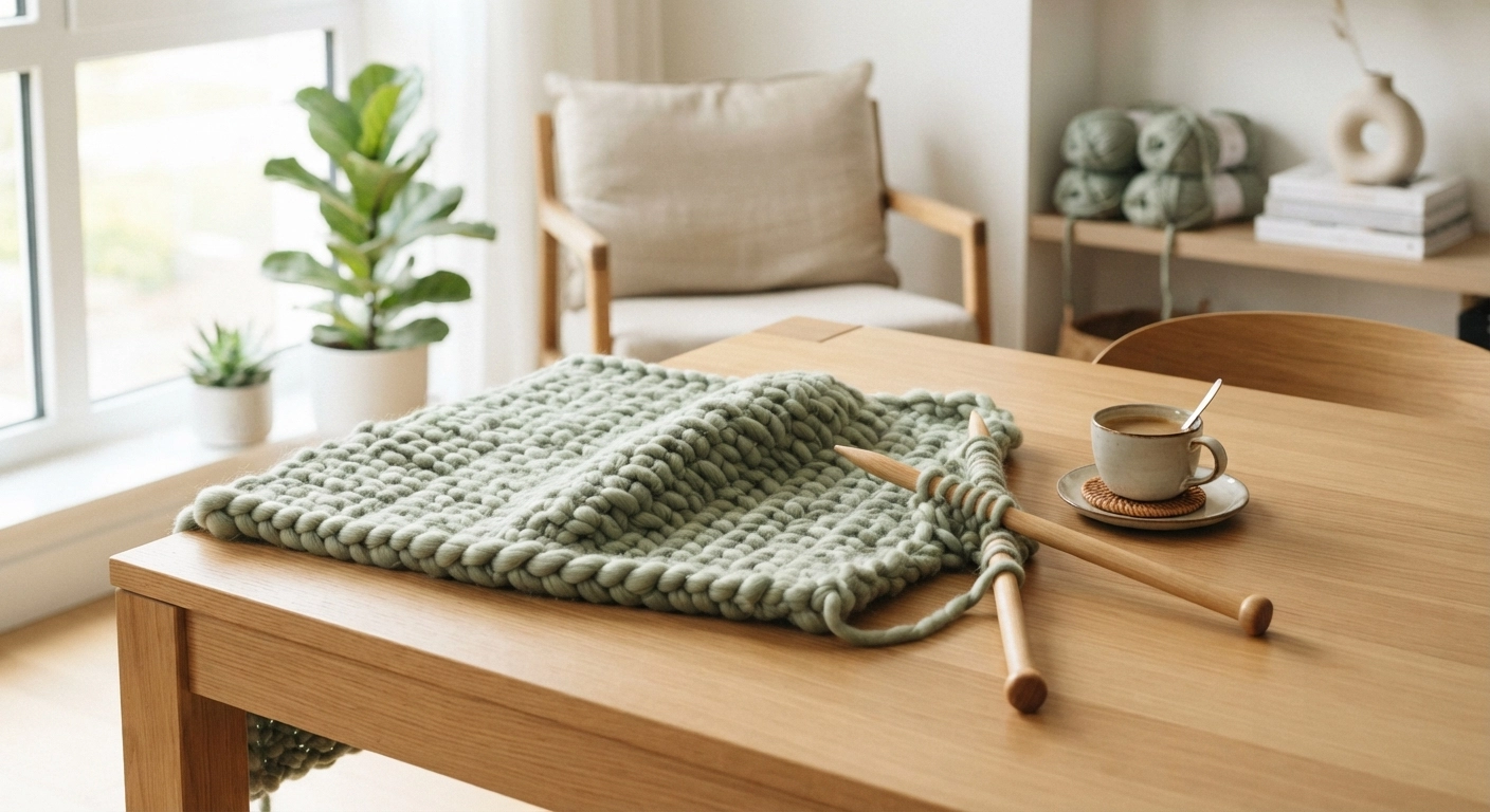 A cozy, aesthetic living room scene showing a partially finished chunky knit blanket in a soft sage green color laid out on a clean wooden dining table. A cup of coffee and a few extra skeins of yarn are visible in the blurred background. Natural sunlight streaming through a window. High quality, photorealistic, lifestyle photography.