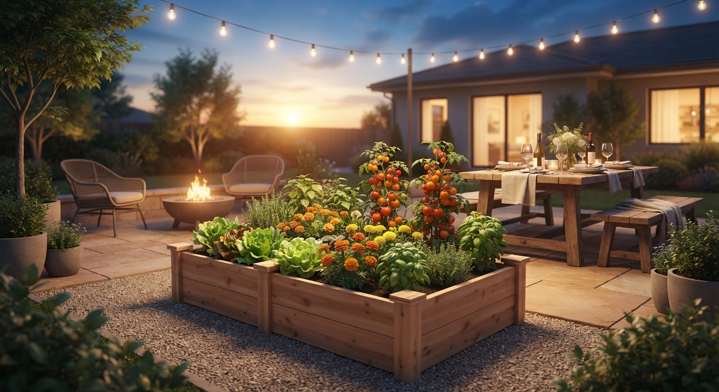 A cozy evening scene with a completed **diy raised garden bed easy** in the foreground, brimming with lettuce, marigolds and cherry tomatoes. In the background, a small fire pit glows, and a wooden outdoor dining table is set for dinner. Warm golden‑hour lighting, photorealistic style, inviting and aspirational.