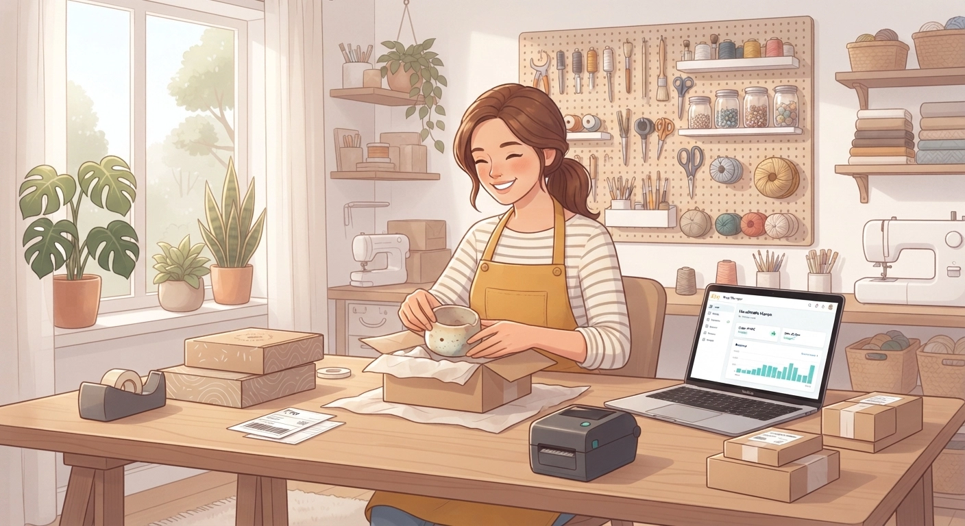 A cozy home workshop scene with a craft business owner smiling while packaging orders. Shipping boxes, a laptop showing Etsy dashboard with sales notifications, and various craft supplies organized on pegboards. Natural window lighting, warm and aspirational atmosphere highlighting the profitable craft niches lifestyle.