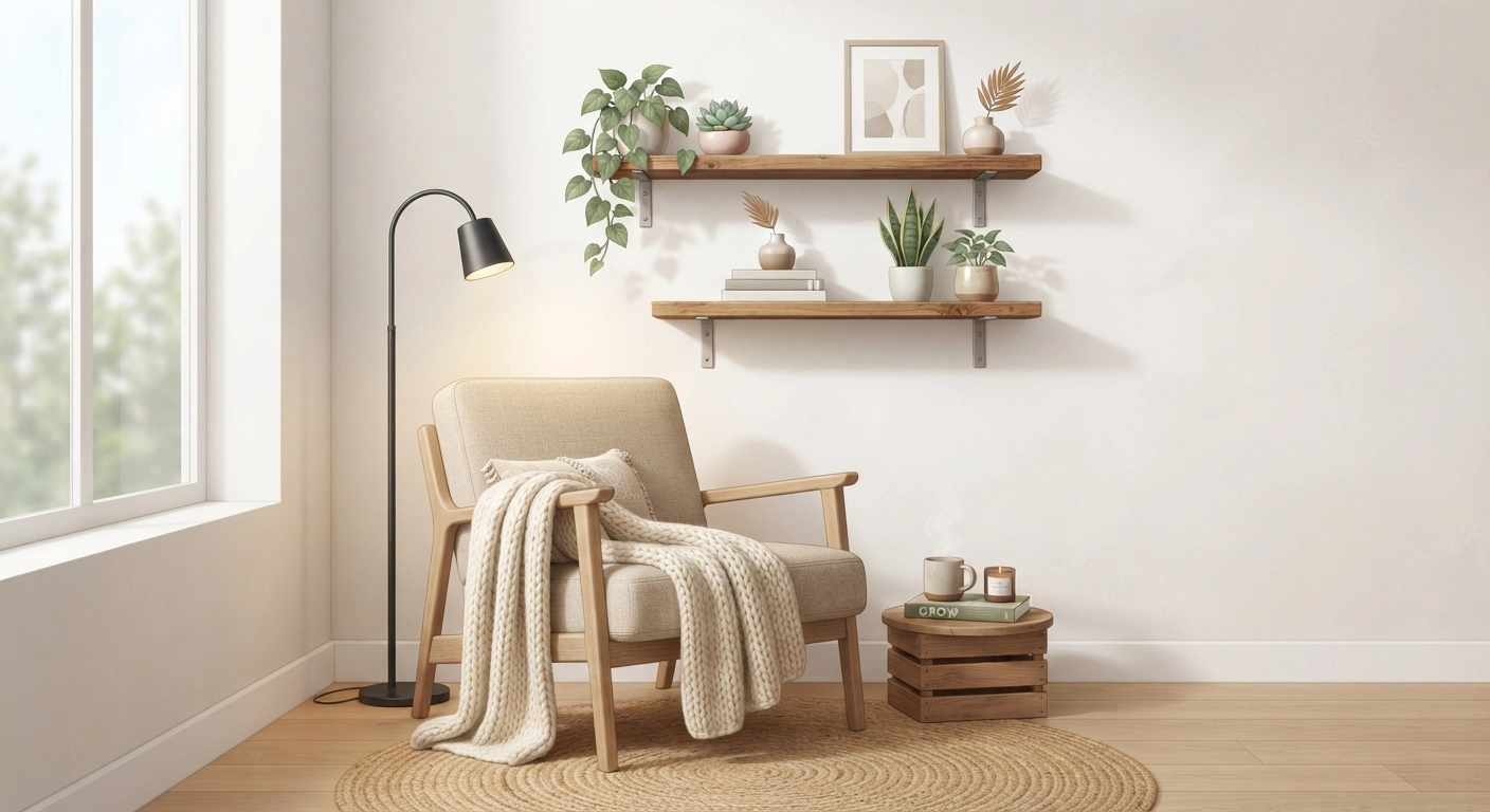 A cozy reading nook demonstrating the easy diy room decor aesthetic, with upcycled wooden floating shelves holding small trailing plants and a chunky knit throw blanket draped over a minimalist chair.