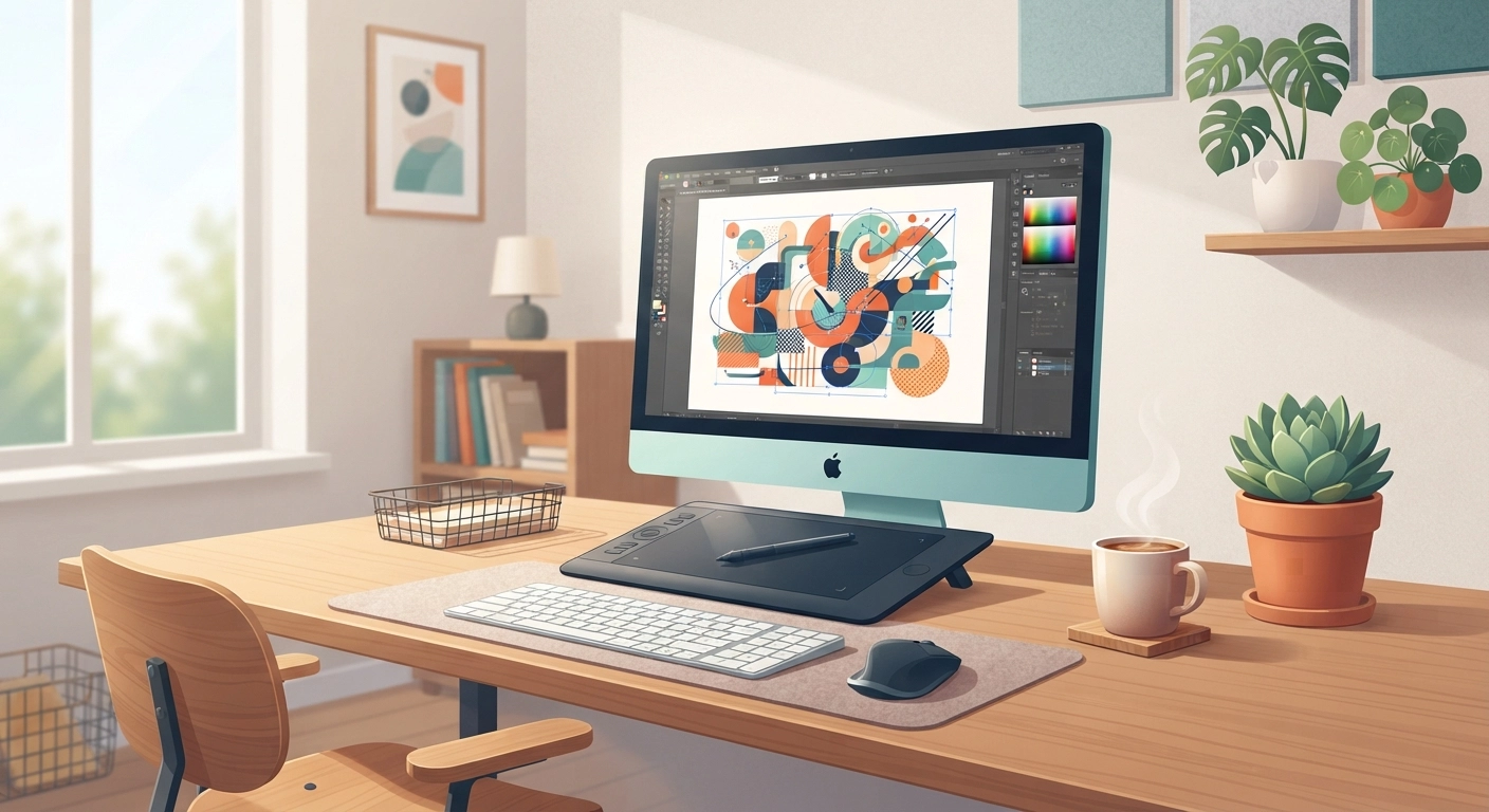 A cozy, well-lit home office desk setup. A modern computer monitor displays a colorful vector graphic design in Adobe Illustrator. Next to the monitor is a digital drawing tablet with a stylus, a cup of steaming coffee, and a small potted succulent. The screen clearly shows vector nodes and paths. High-quality, realistic, bright aesthetic.