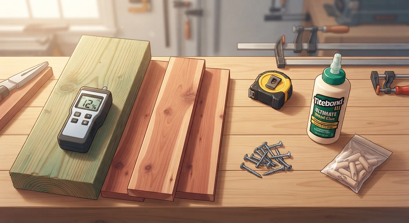 A detailed flatlay photography composition on a workshop bench showing two types of wood samples for building an outdoor dining table. On the left, a piece of pressure-treated pine with a greenish tint, a moisture meter displaying a reading of 12%, and a few cedar boards with rich reddish-brown grain. A tape measure, stainless steel deck screws, a bottle of Titebond III exterior wood glue, and a set of pocket hole plugs are scattered around. The background is softly blurred with a few woodworking clamps visible. Natural workshop lighting, warm tones, the scene conveys careful material selection for a DIY project.