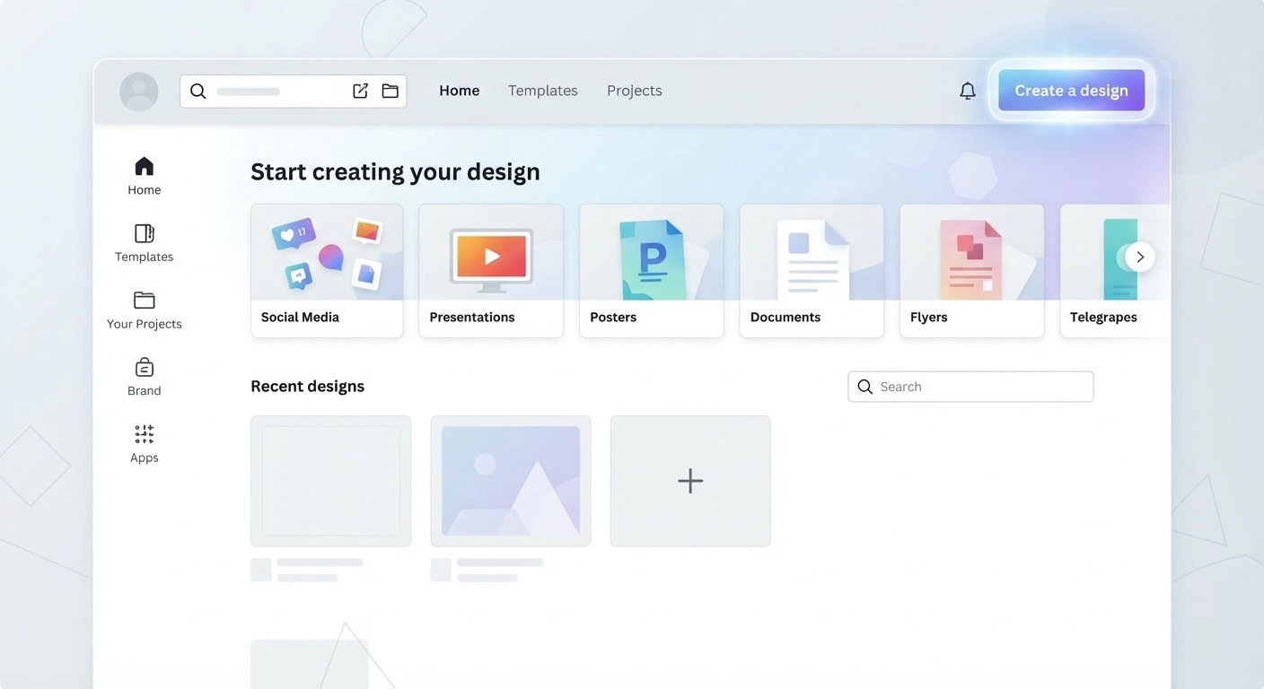 A detailed, high-resolution screenshot-style illustration of the Canva dashboard interface. The 'Create a design' button in the top right corner is highlighted with a subtle glowing effect. The interface shows a clean, modern workspace ready for a new project. Alt text must include: how to make printables on canva.