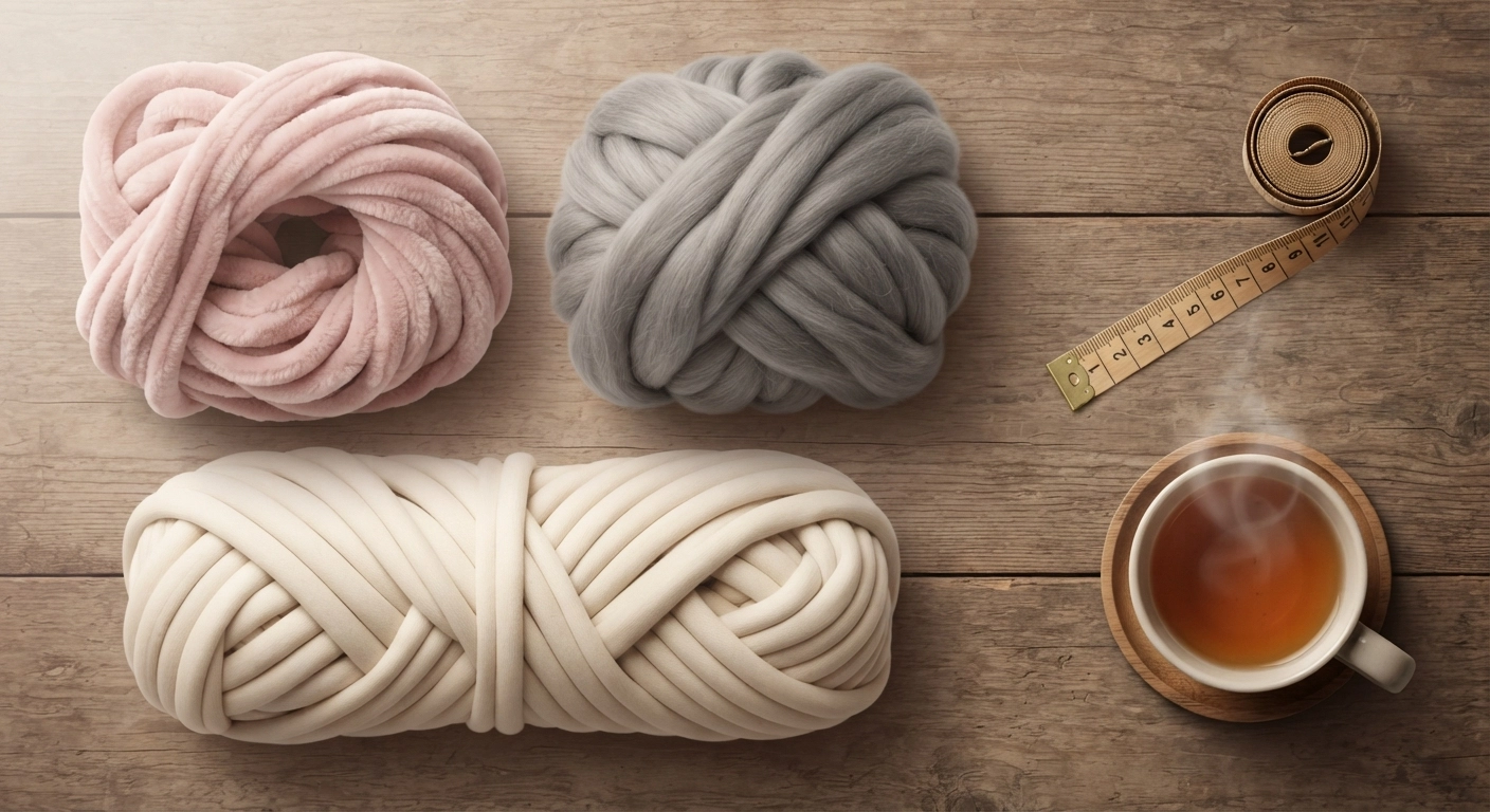 A detailed, top-down flat lay photo showing different types of jumbo yarn for arm knitting. There are huge skeins of blush pink chenille yarn, thick grey unspun merino wool roving, and cream-colored tube yarn. A wooden tape measure and a cup of tea are placed next to the yarn on a rustic wooden table.