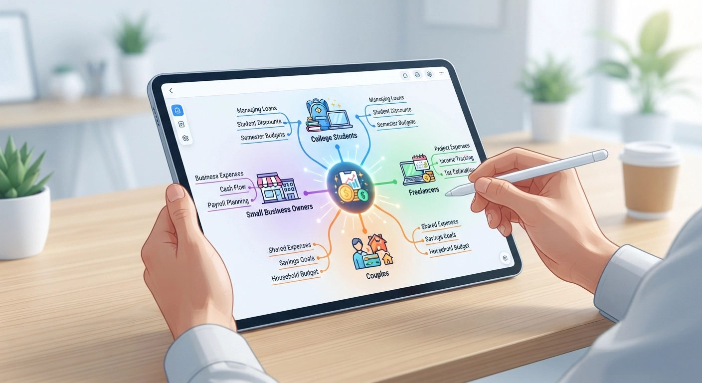 A digital mind map on a tablet screen showing different target audiences for a budget tracker. Branches point to 'College Students', 'Freelancers', 'Couples', and 'Small Business Owners'. The tablet is held by a person with a stylus in hand, brainstorming ideas. Bright, modern, and professional aesthetic.