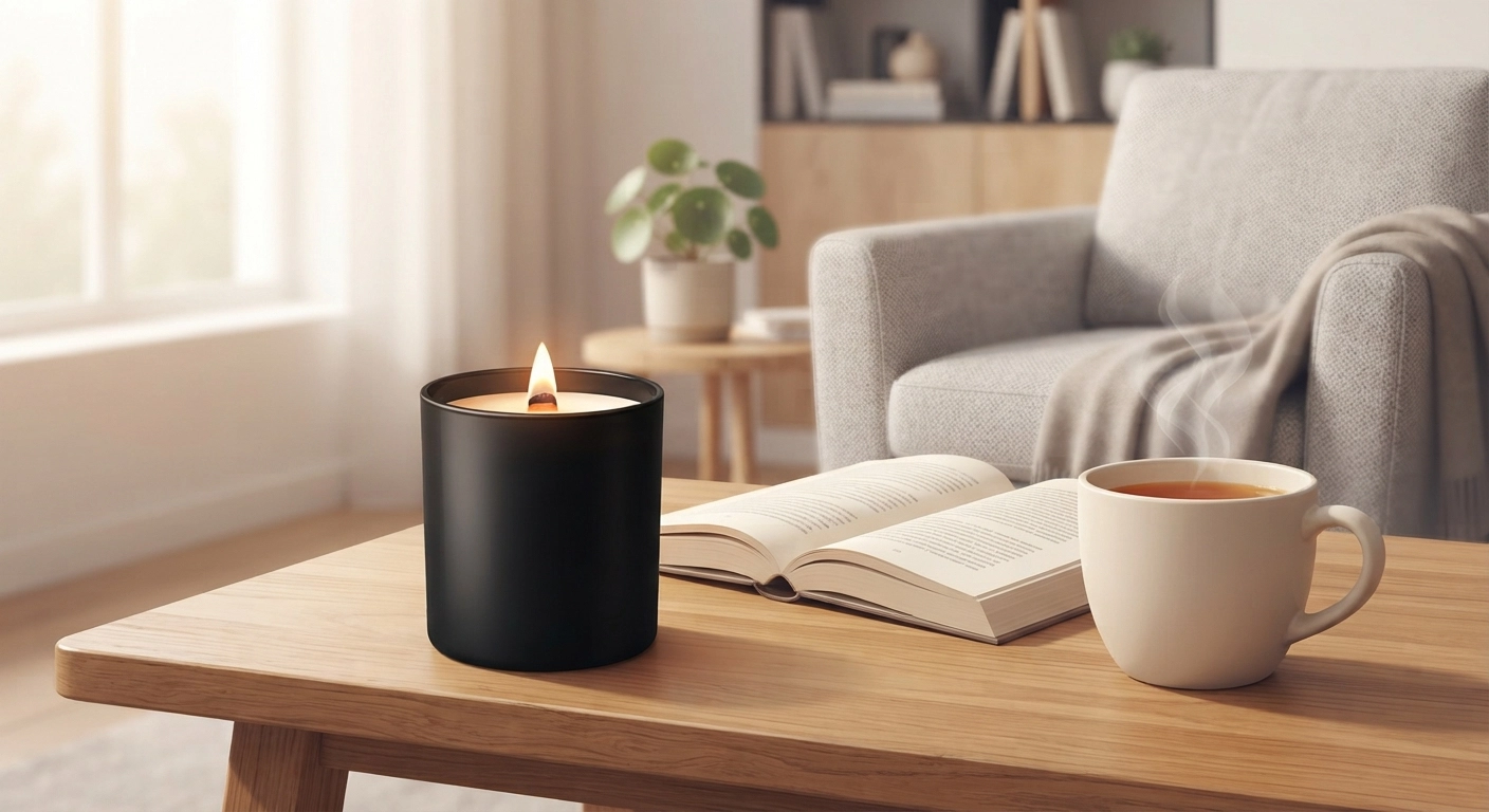 A finished handmade scented candle in a minimalist matte black glass jar, burning with a small wooden wick. Placed on a wooden coffee table next to an open book and a cup of tea. Cozy 2026 interior design aesthetic.