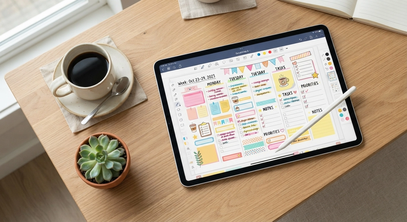 A flat lay aesthetic photo of an iPad Pro displaying the GoodNotes 6 app. The screen shows a digital planner page heavily decorated with colorful digital stickers like sticky notes, flags, and text banners. An Apple Pencil 2 is resting on the screen. The background is a clean, modern wooden desk with a ceramic cup of coffee, a small potted succulent, and warm, inviting natural lighting coming from a window.