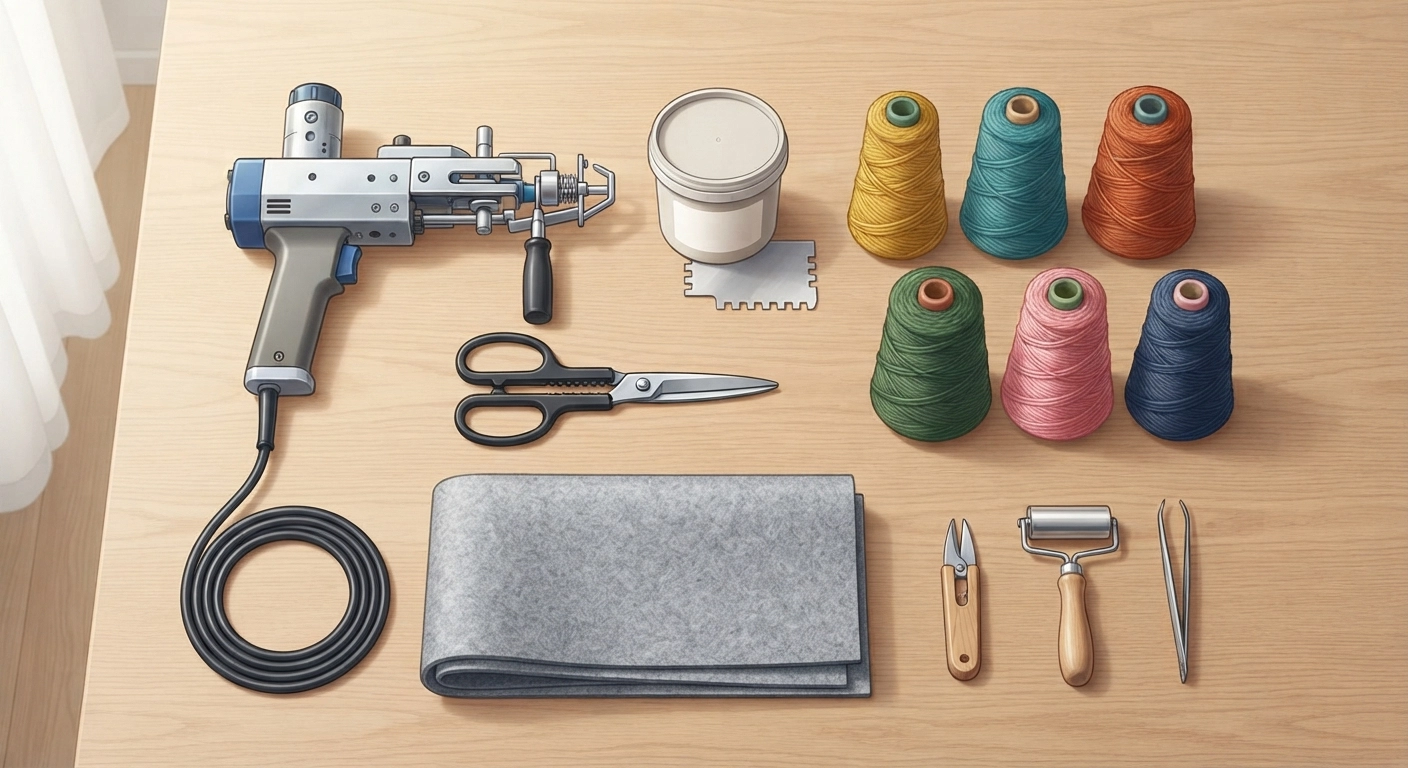 A flat lay composition of rug tufting supplies on a wooden table. Includes a cut-pile tufting gun, a tub of carpet adhesive, a trowel, a pair of sheep shears, colorful yarn cones, and a piece of grey felt backing. Neat and organized, overhead shot, bright natural lighting.