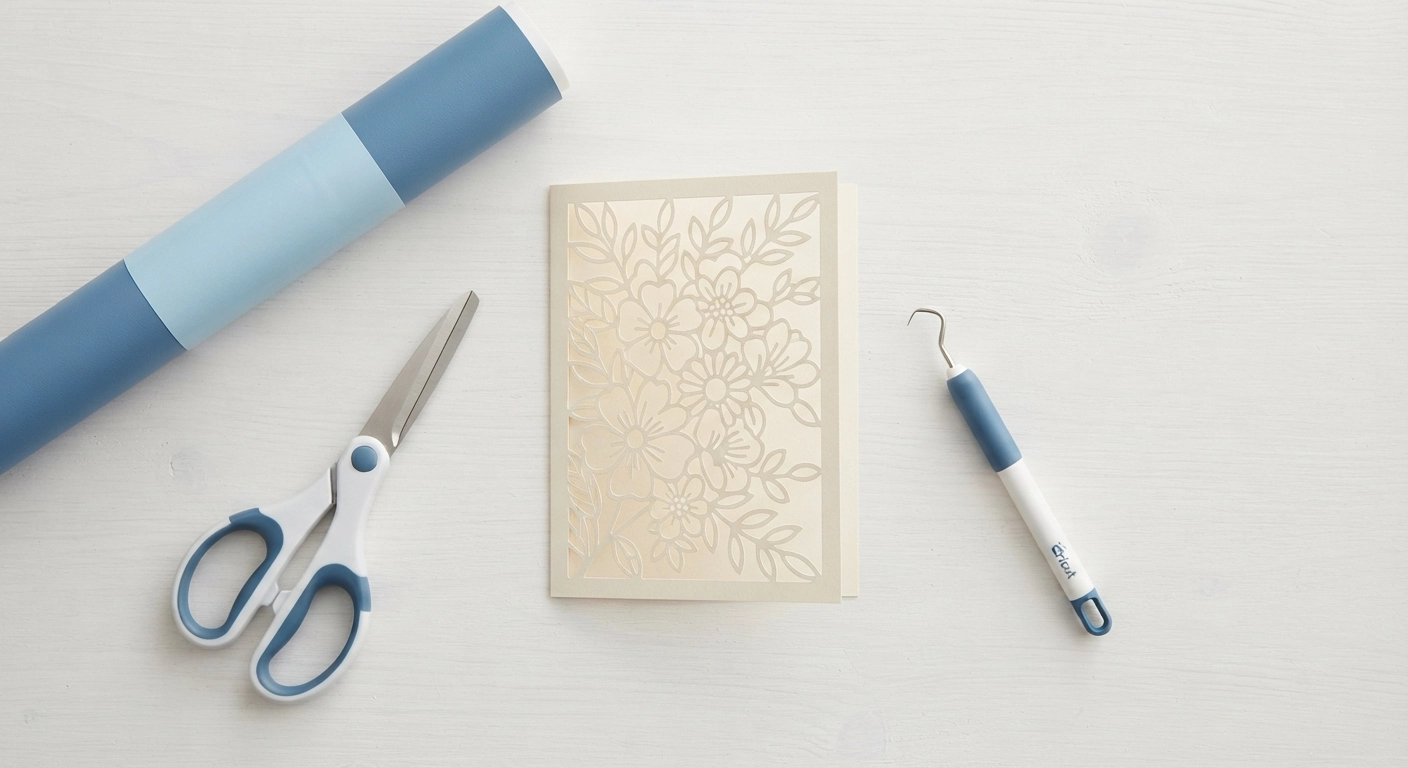 A flat lay featuring crafting tools and materials: a roll of blue Smart Vinyl, a finished custom greeting card with a intricate floral cutout design, a pair of scissors, and a Cricut weeding tool, all arranged on a clean white wooden surface.