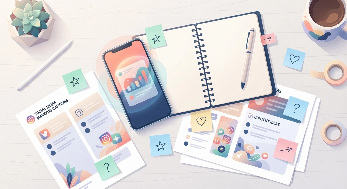 A flat lay of marketing tools including a smartphone, a notebook, and printed sheets of social media captions with colorful sticky notes, representing the best digital products to sell on etsy.