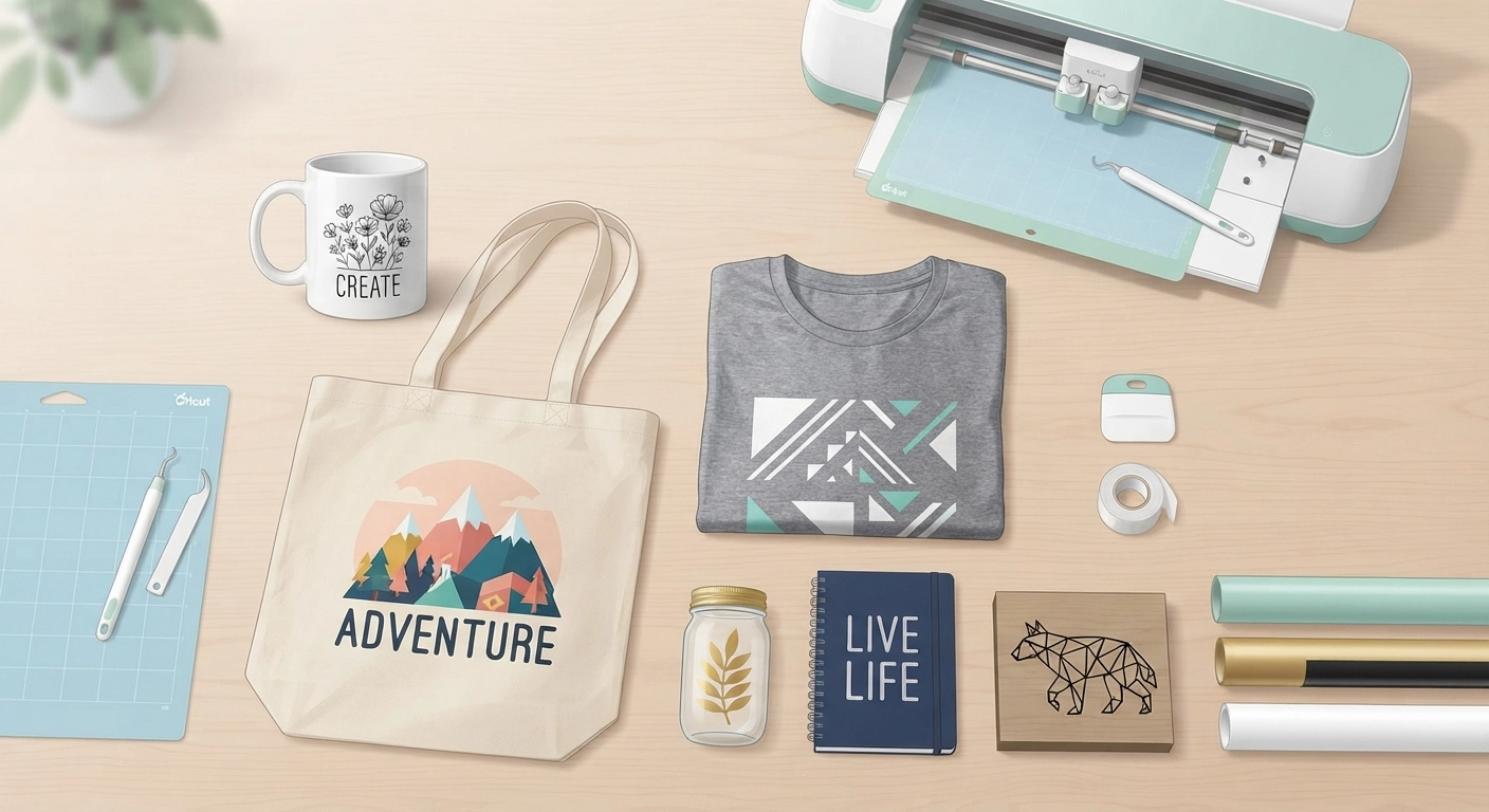 A flat lay of various Cricut-made craft projects: personalized mugs, tote bags, vinyl decals, and t-shirts, with a Cricut machine in the background, bright and clean lighting.
