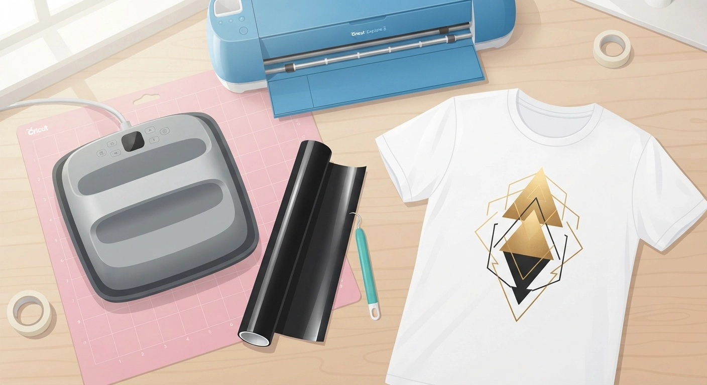 A flat-lay photography style image from above showing a gray Cricut EasyPress 3 on a craft mat next to a rolled-out piece of black iron-on vinyl, a weeding tool, and a bright blue Cricut Explore 3 machine in the background. The scene is brightly lit with natural window light, creating soft shadows. A freshly pressed white t-shirt with a crisp, flawless gold and black geometric design is lying next to the tools, ready to be folded.