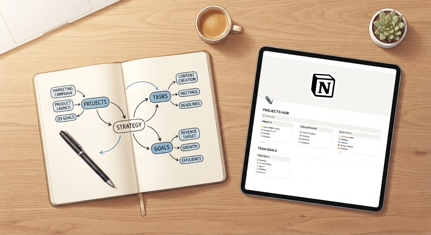 A flat lay view of a wooden desk. There is a physical notebook open with a hand-drawn mind map and flowchart showing how different databases connect (Tasks, Projects, Goals). A pen rests on the notebook. Next to it is a modern tablet showing the Notion logo. Warm, inviting lighting.