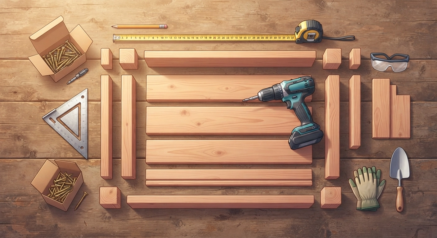 A flatlay layout on a rustic workbench showing different types of lumber, a power drill, a tape measure, a speed square, and a box of exterior wood screws. The keyword diy raised garden bed should be conceptually represented.