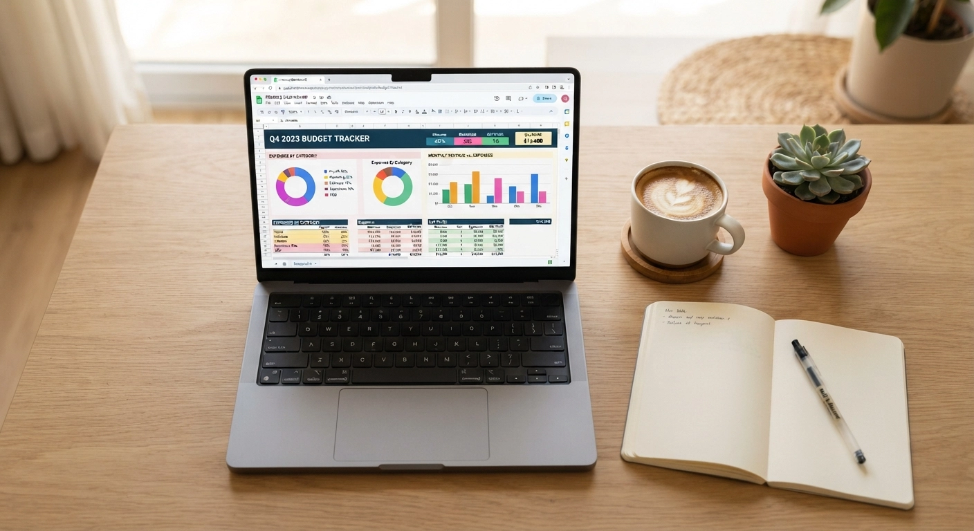 A high-quality, aesthetic flat lay photo of a modern desk setup. A laptop screen displays a colorful, beautifully designed Google Sheets budget tracker with donut charts and bar graphs. Next to the laptop, there is a cup of coffee, a small potted succulent, and a notebook. Warm, inviting lighting, representing a successful digital product business.